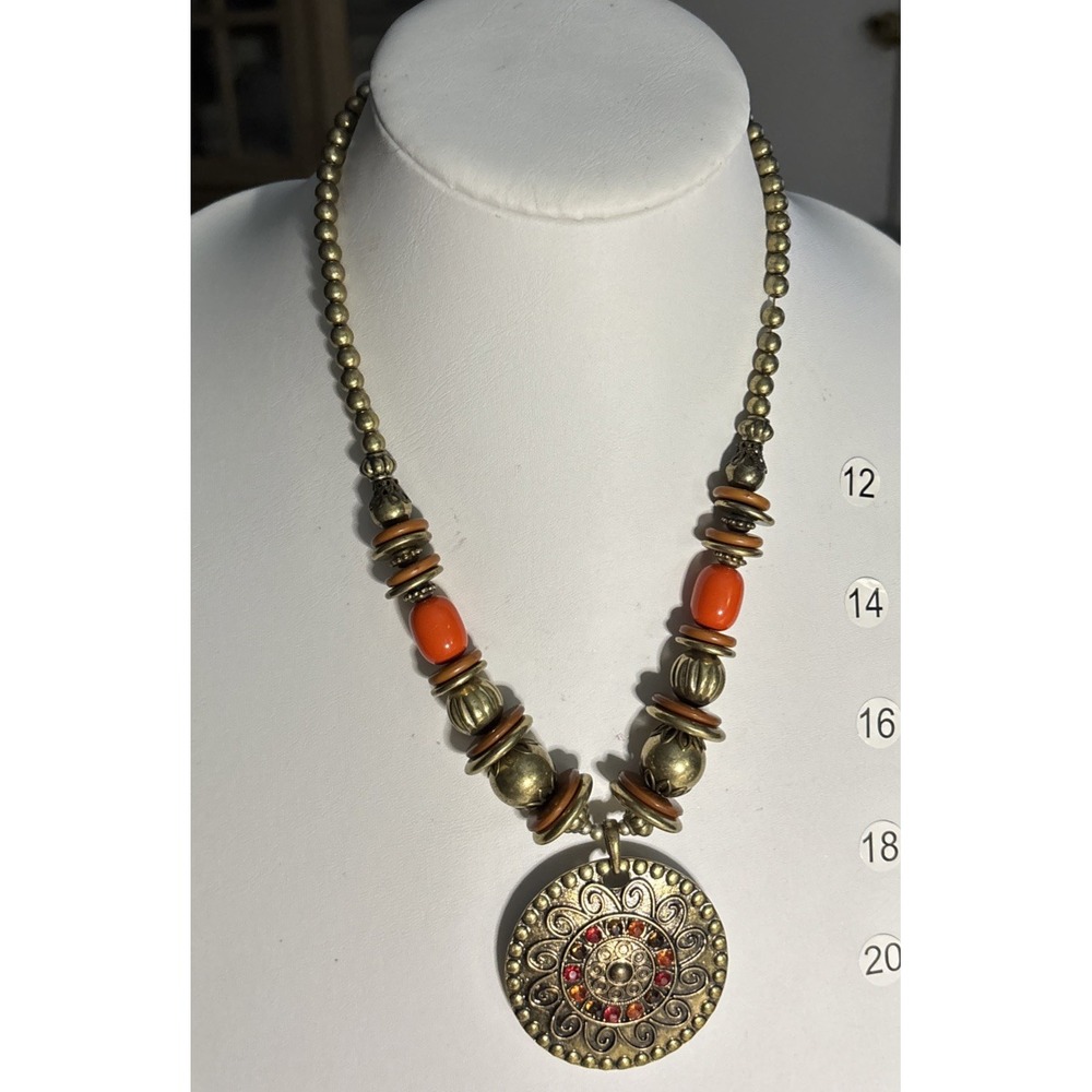 Boho Orange Bead Necklace Antique Gold Tone Rhinestone Medallion Pendant
